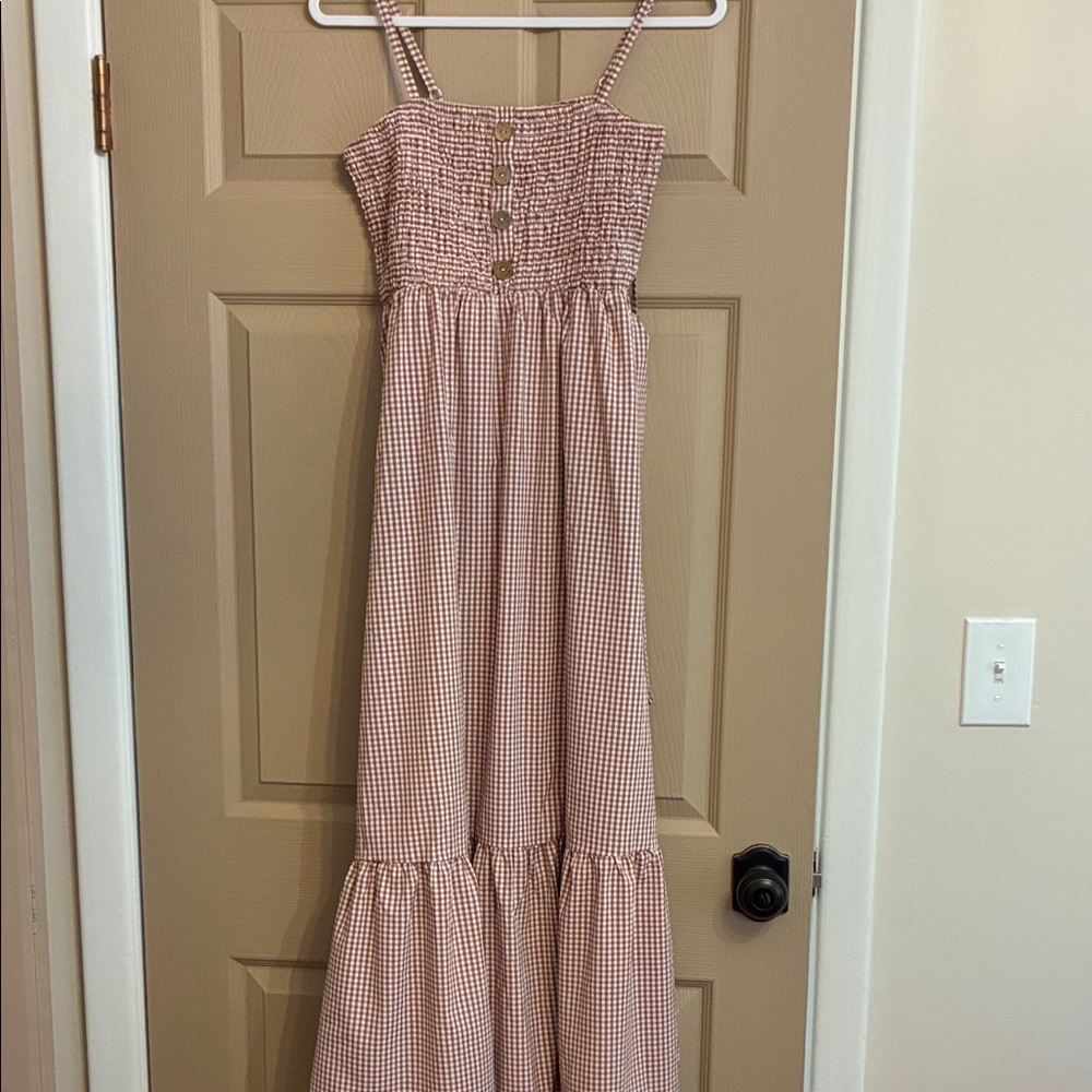 Rust & White Gingham Smocked Dress with Wood Buttons